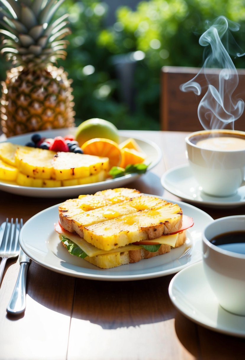 A sunny breakfast table with a grilled pineapple sandwich, fresh fruit, and a steaming cup of coffee