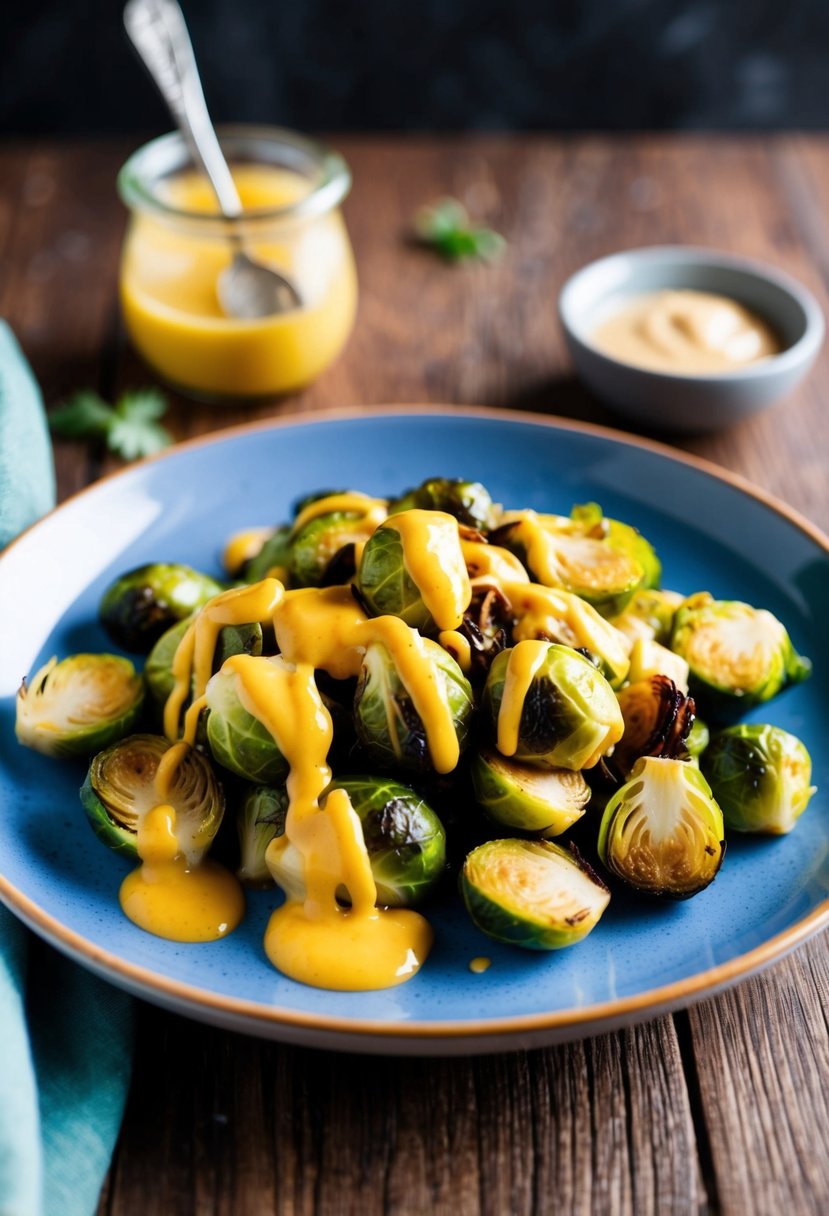 A colorful plate of roasted Brussels sprouts drizzled with honey mustard sauce