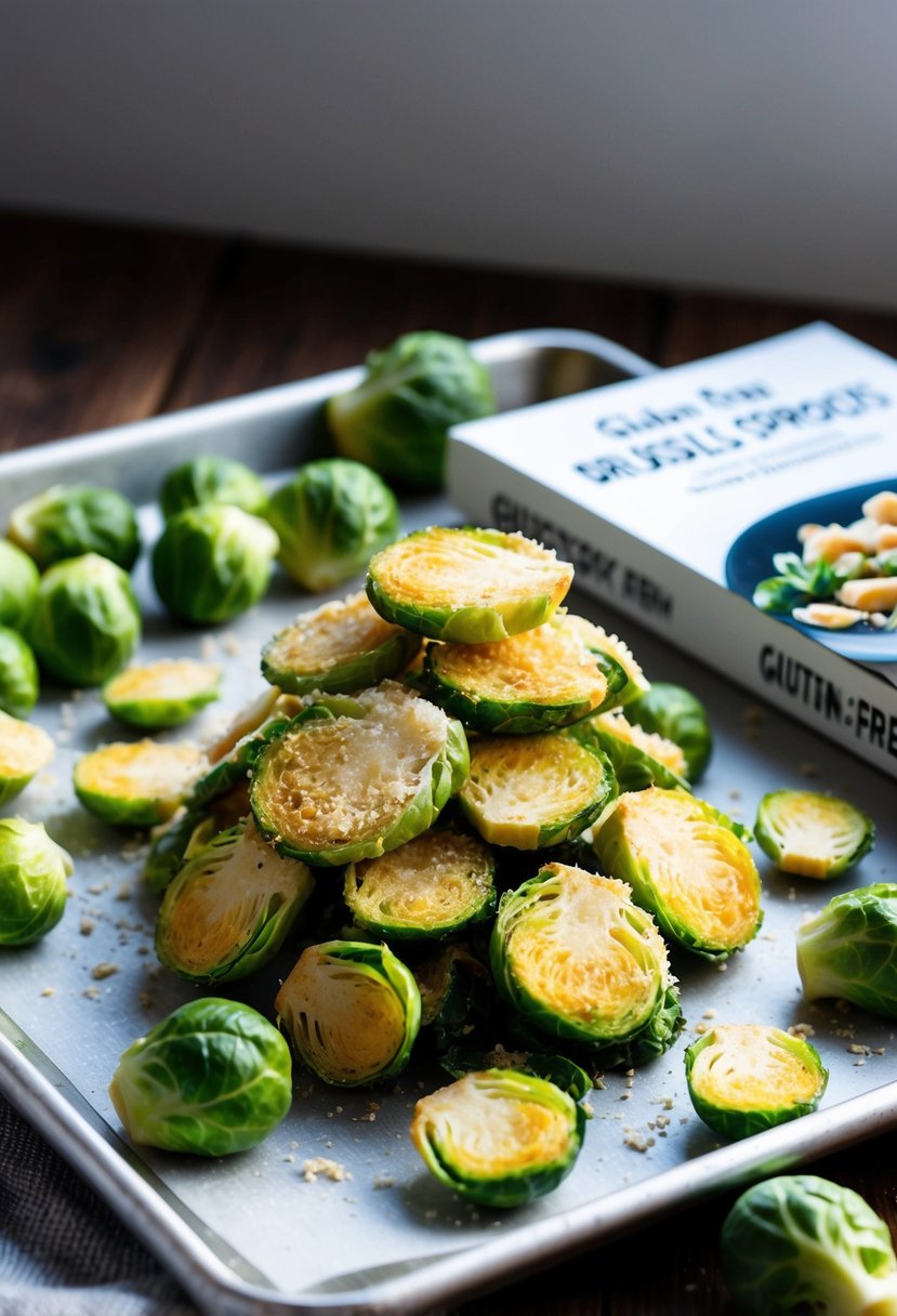 A pile of crispy Parmesan Brussels sprout chips on a baking sheet, surrounded by fresh brussels sprouts and a gluten-free recipe book