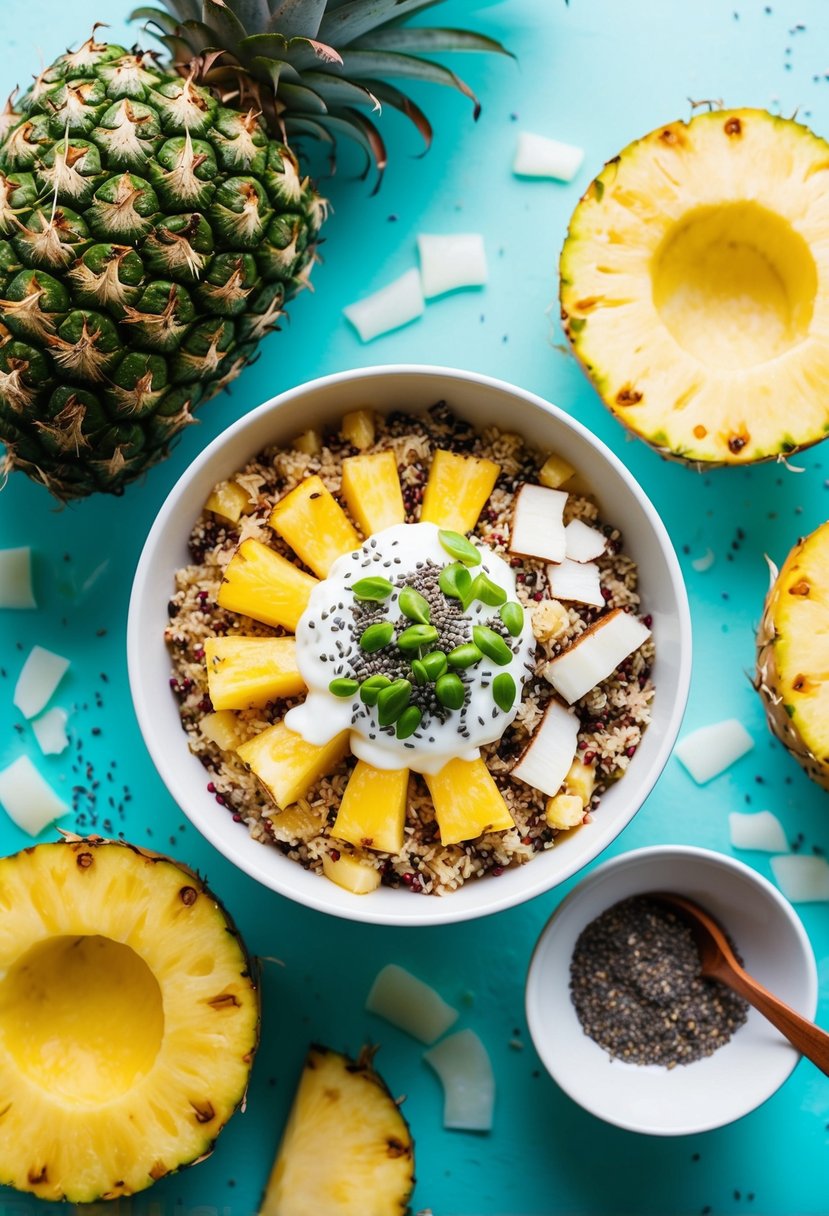 A bright, tropical breakfast scene with a pineapple quinoa bowl surrounded by fresh pineapple slices, coconut flakes, and a sprinkle of chia seeds