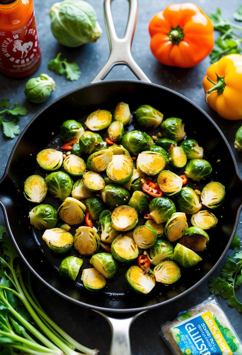 A sizzling skillet of spicy Sriracha Brussels sprouts, surrounded by vibrant, fresh ingredients and a gluten-free label