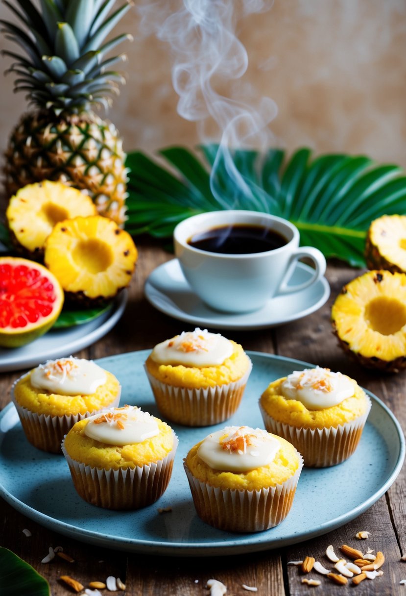 A rustic kitchen table with freshly baked pineapple muffins topped with a coconut glaze, surrounded by tropical fruits and a steaming cup of coffee