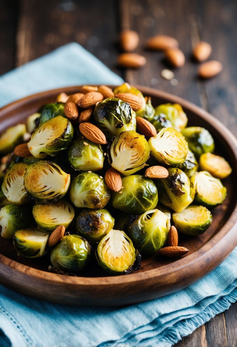 A colorful pile of roasted Brussels sprouts topped with toasted almonds on a rustic wooden serving platter