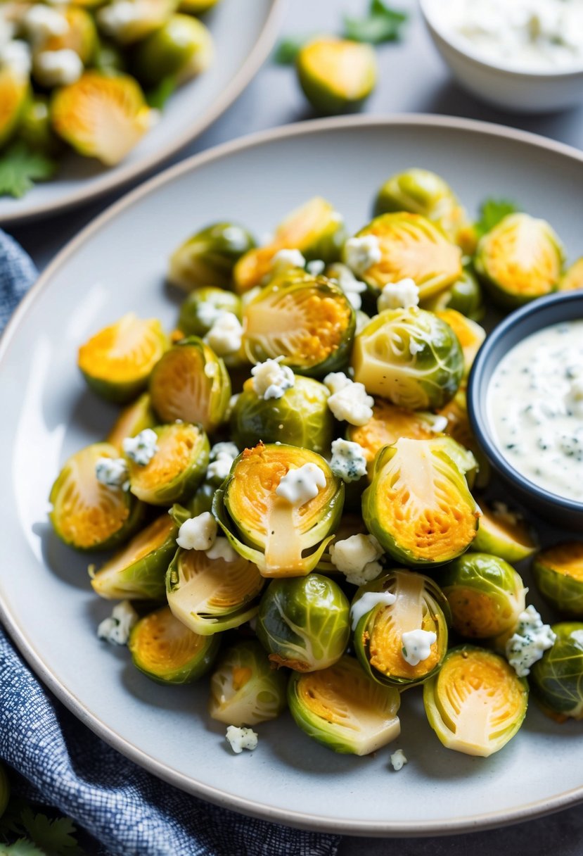 A platter of buffalo-style Brussels sprouts, garnished with blue cheese crumbles and served with a side of ranch dressing