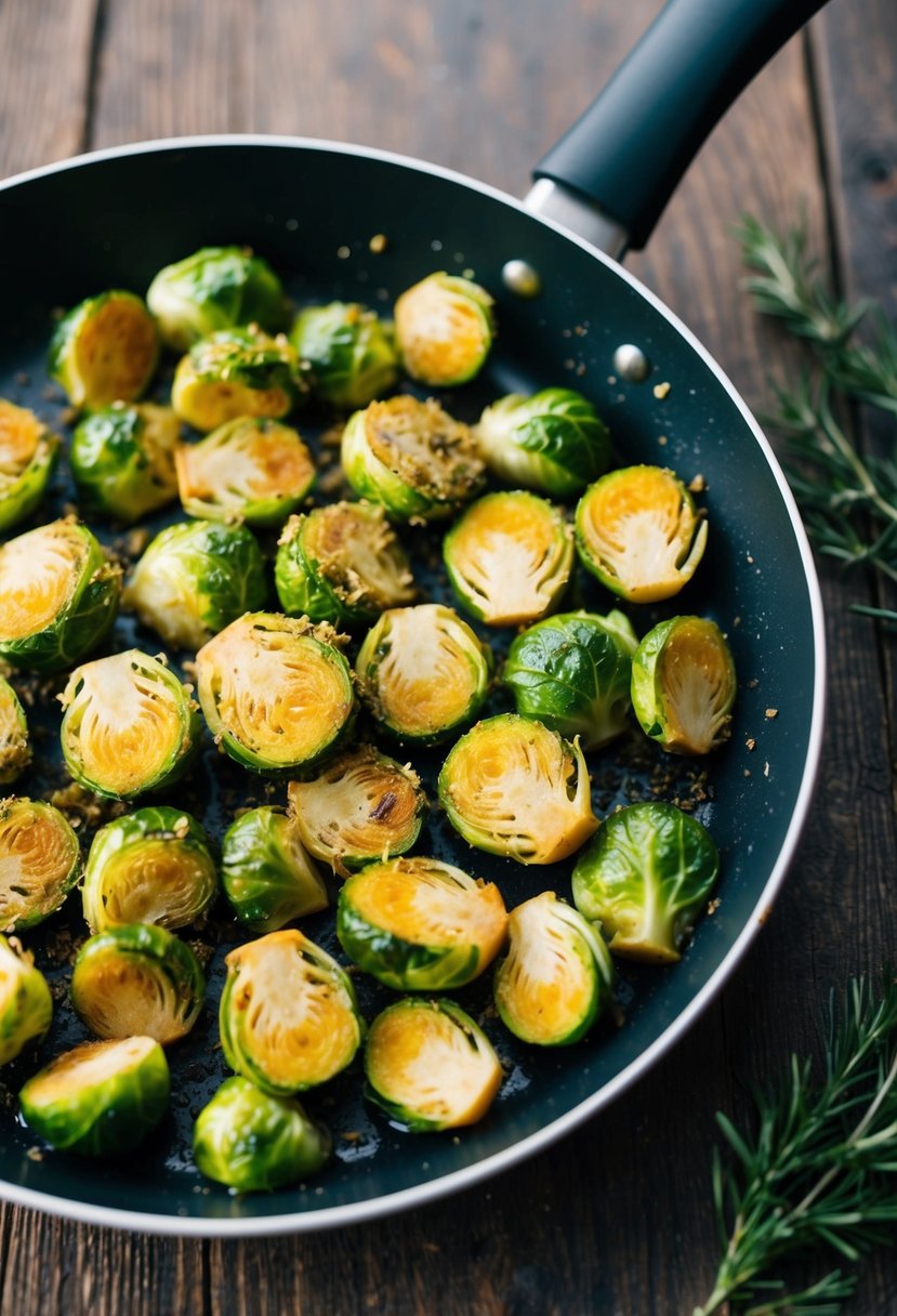 A pan of golden, crispy Brussels sprouts coated in a savory herb crust, sitting on a rustic wooden table