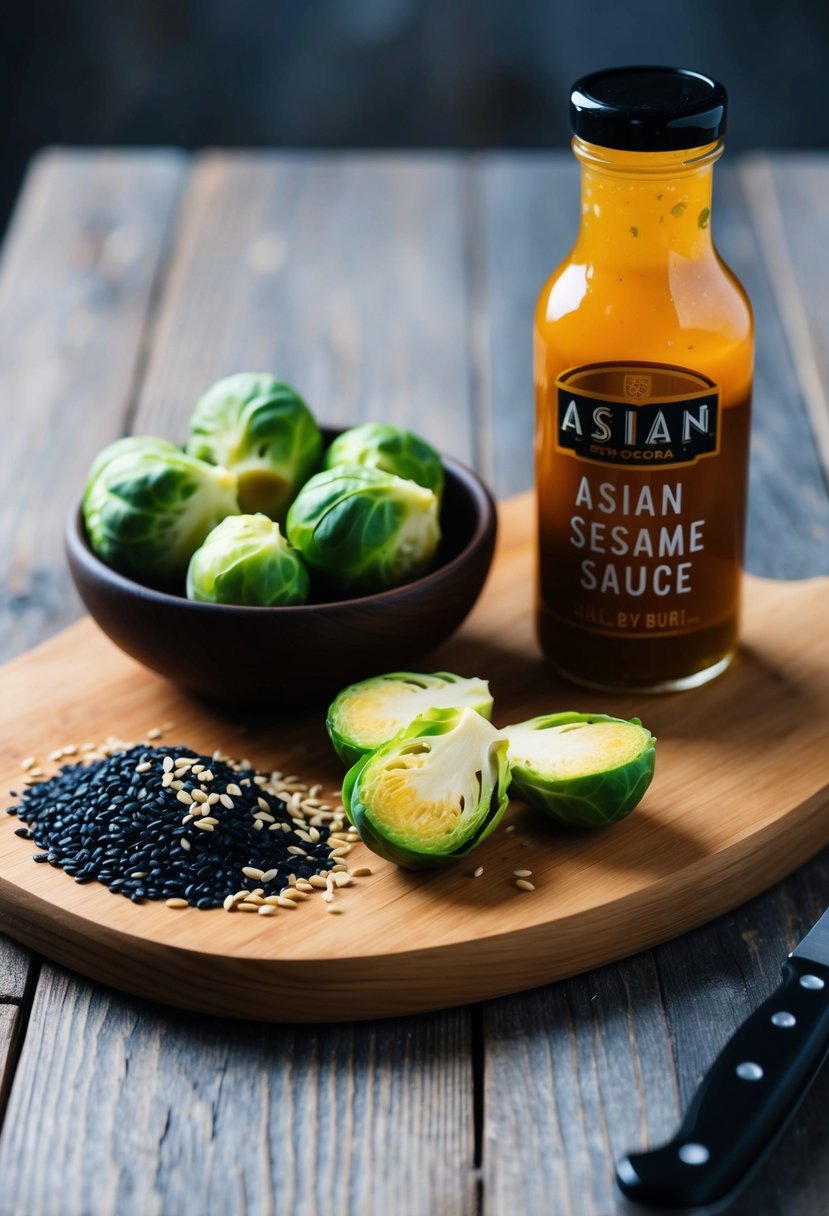 A wooden cutting board with halved brussel sprouts, sesame seeds, and a bottle of Asian sesame sauce