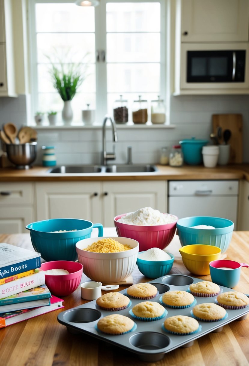 A kitchen counter filled with mixing bowls, measuring cups, and various baking ingredients, surrounded by recipe books and a tray of freshly baked cupcakes