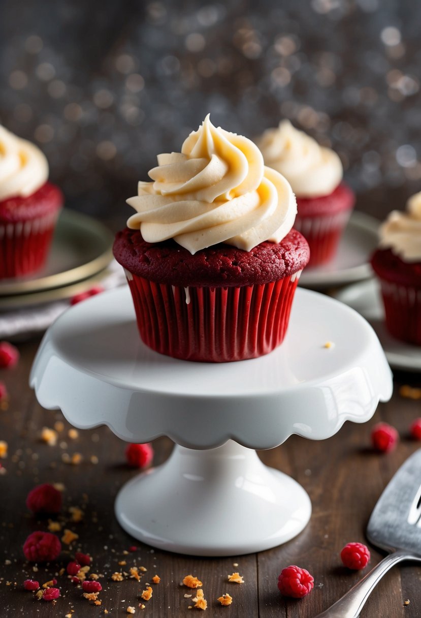 A red velvet cupcake cake surrounded by scattered crumbs and topped with a swirl of cream cheese frosting, sitting on a white porcelain cake stand