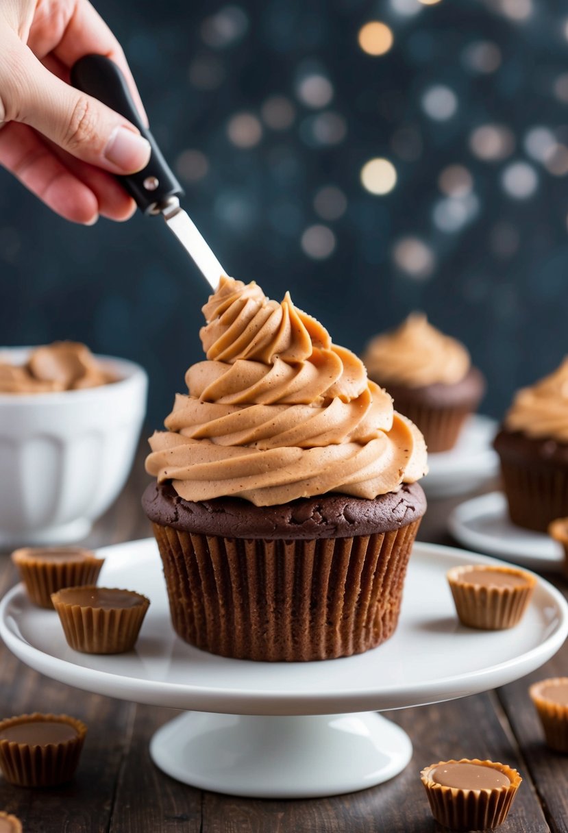 A decadent chocolate peanut butter cupcake cake being frosted with creamy peanut butter frosting and topped with mini peanut butter cups