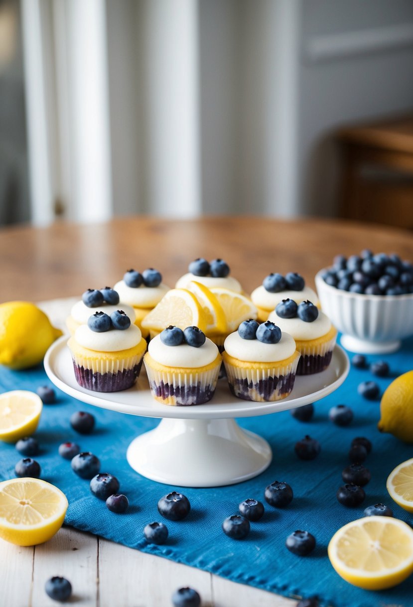 A table set with a platter of lemon blueberry cupcake cake slices, surrounded by fresh blueberries and lemon slices