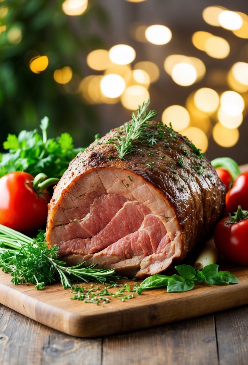 A beef roast surrounded by fresh herbs and vegetables on a wooden cutting board