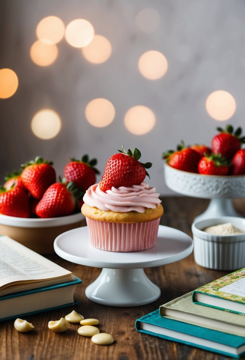 A table set with a strawberry shortcake cupcake cake surrounded by ingredients and recipe books