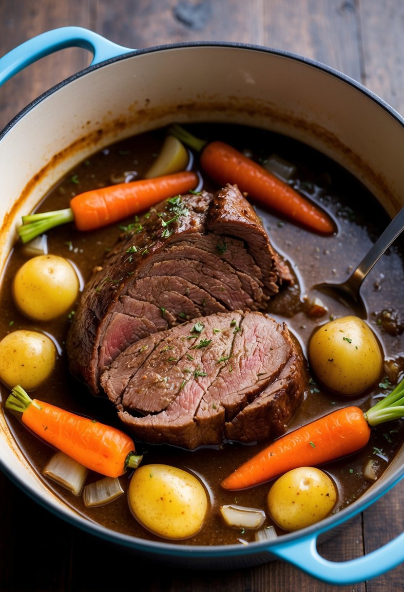 A beef roast simmers in a Dutch oven with carrots, potatoes, and onions, surrounded by rich brown gravy