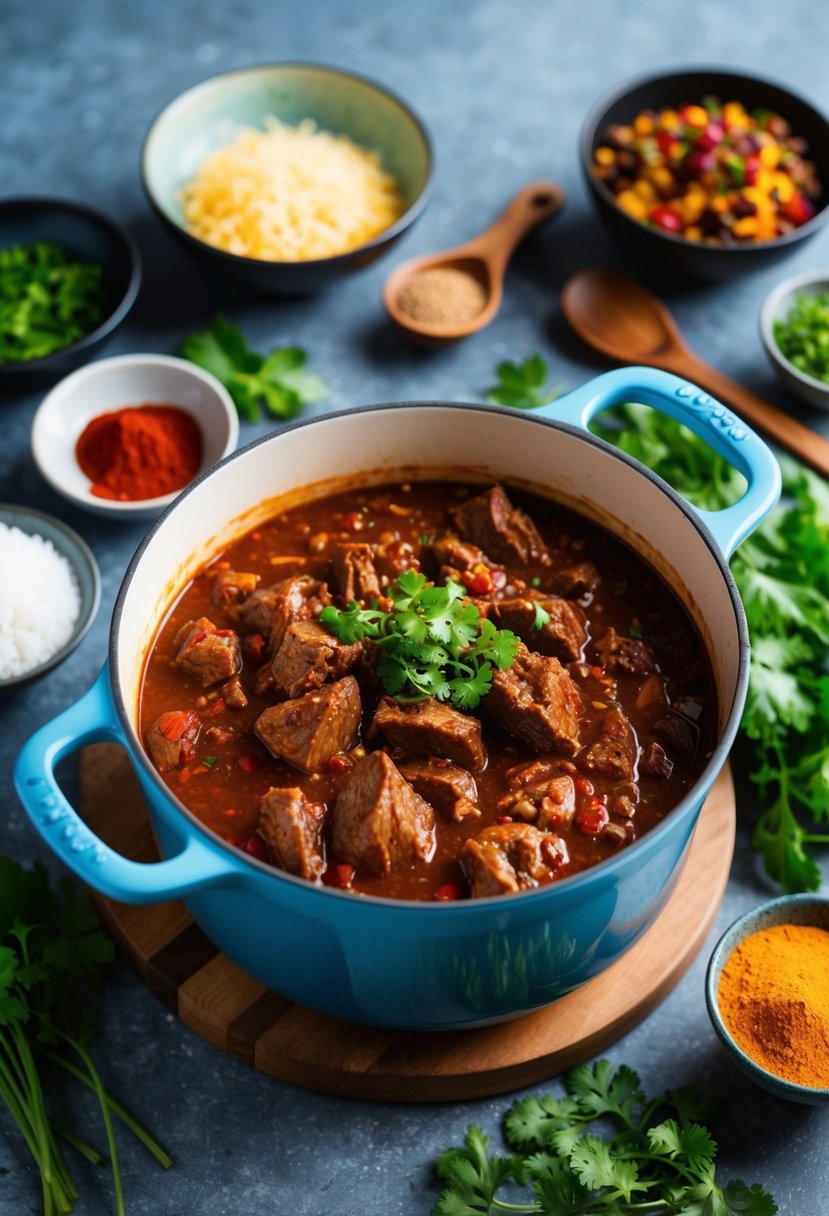 A simmering pot of beef roast chili surrounded by colorful ingredients and spices