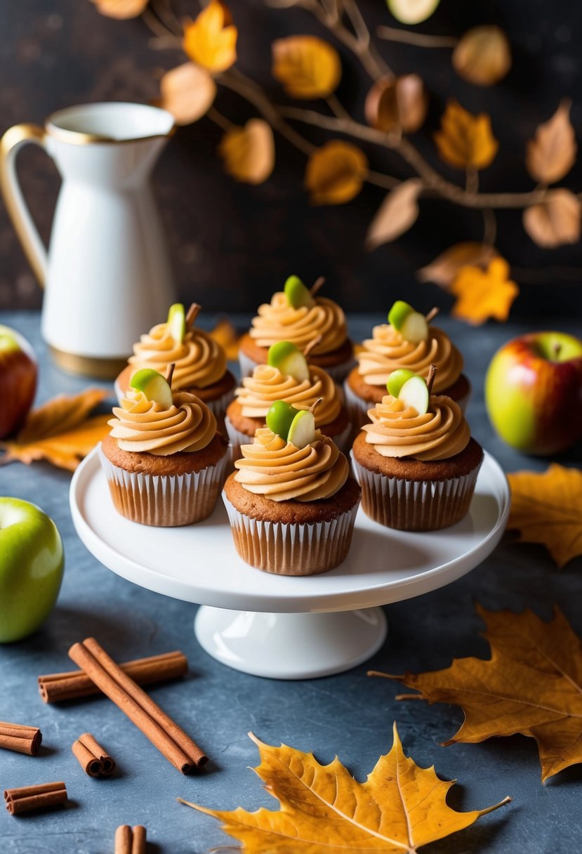 A table with a platter of caramel apple cupcake cakes surrounded by fall leaves and cinnamon sticks