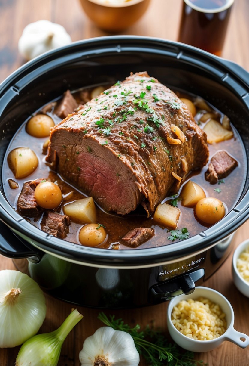 A beef roast simmers in a slow cooker surrounded by onions, garlic, and beef broth, ready to be transformed into French Dip Sandwiches