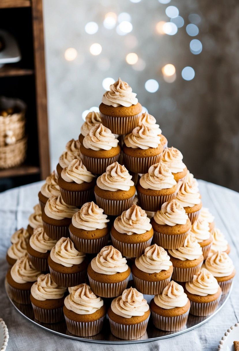 A table set with a tower of pumpkin spice latte cupcakes arranged in the shape of a cake, topped with swirls of frosting and sprinkled with cinnamon