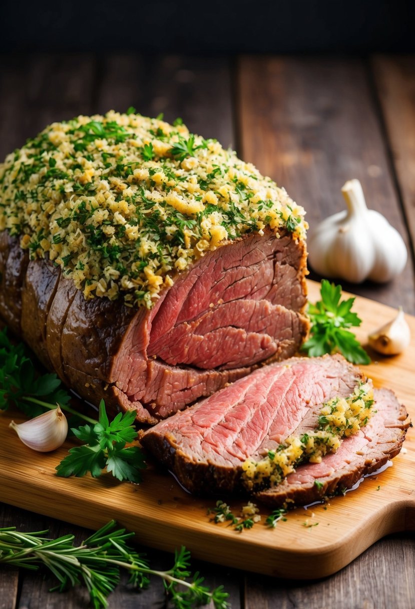 A beef roast covered in a garlic herb crust, surrounded by fresh herbs and garlic cloves, sitting on a wooden cutting board