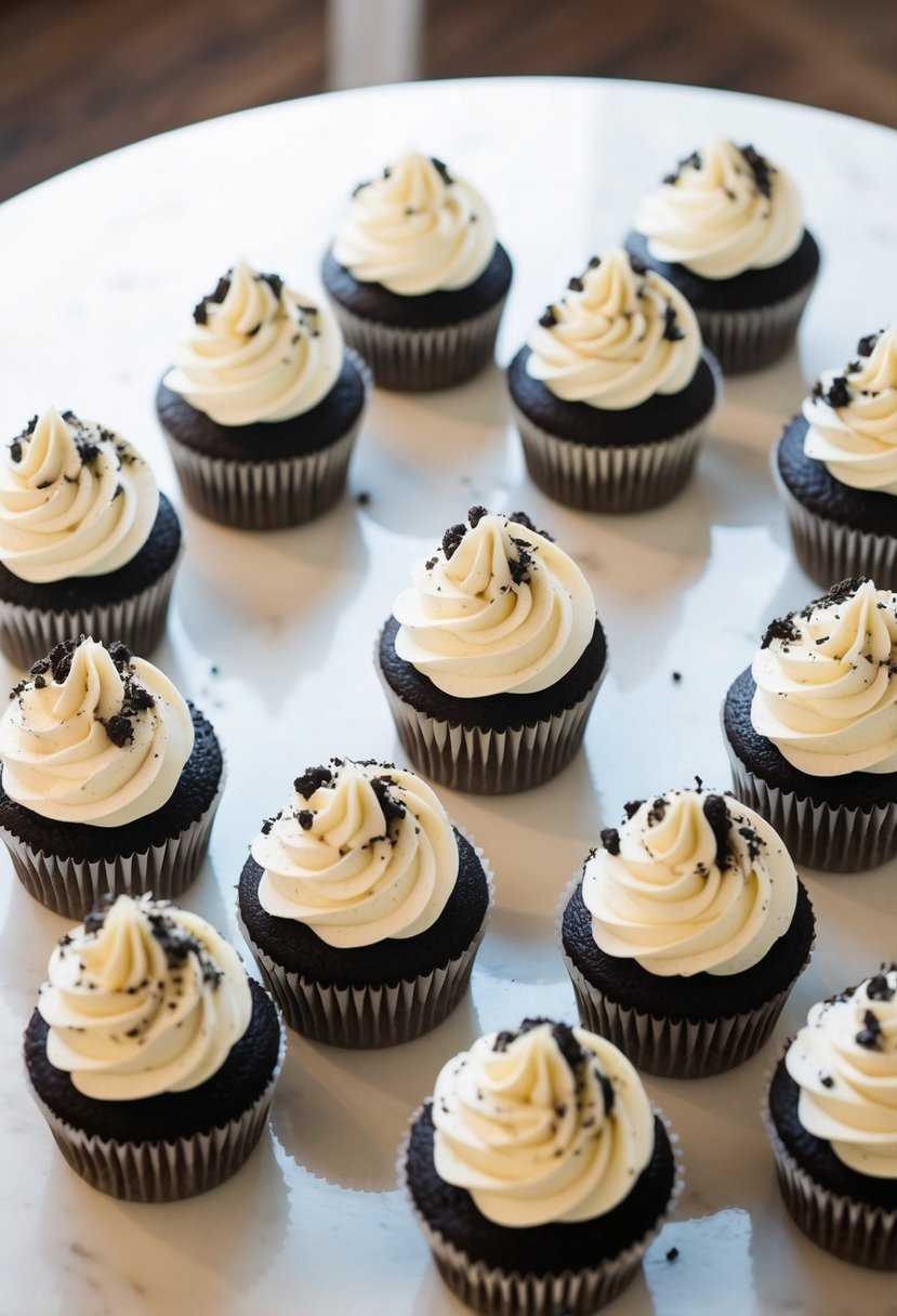 A table with a dozen Cookies and Cream Cupcake Cakes arranged in a circular pattern, each topped with a swirl of frosting and a cookie crumble garnish