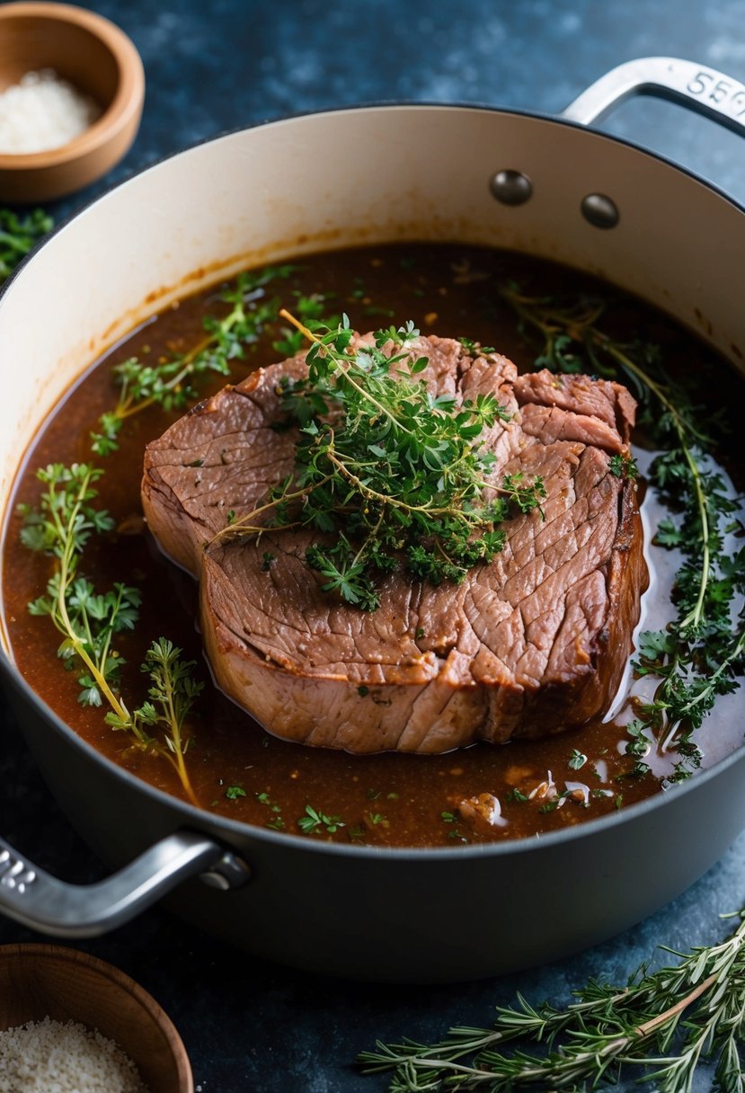 A succulent beef roast surrounded by aromatic herbs and simmering in a rich red wine gravy in a rustic cooking pot