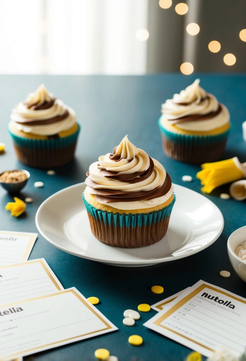 A table with a Nutella swirl cupcake cake surrounded by scattered recipe cards and ingredients