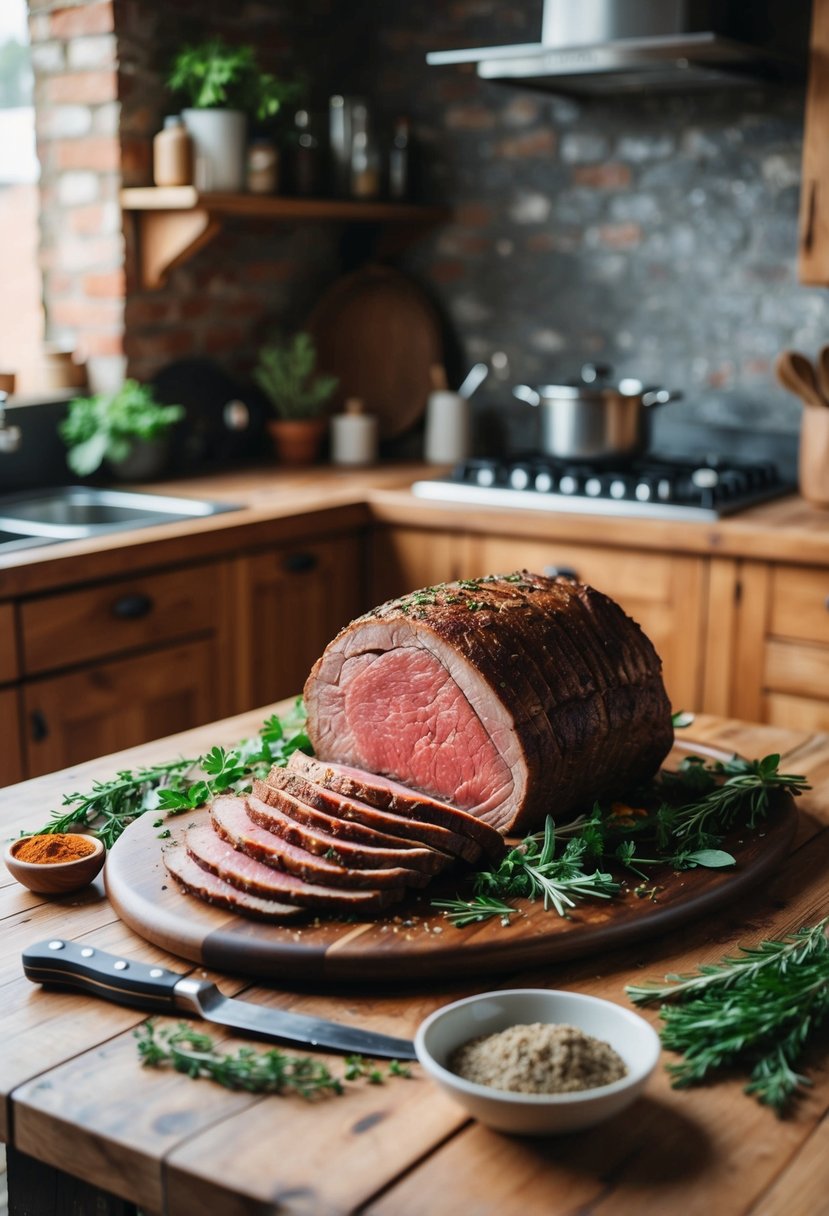 A rustic kitchen with a wooden table set with a platter of sliced Italian-style beef roast, surrounded by fresh herbs and spices