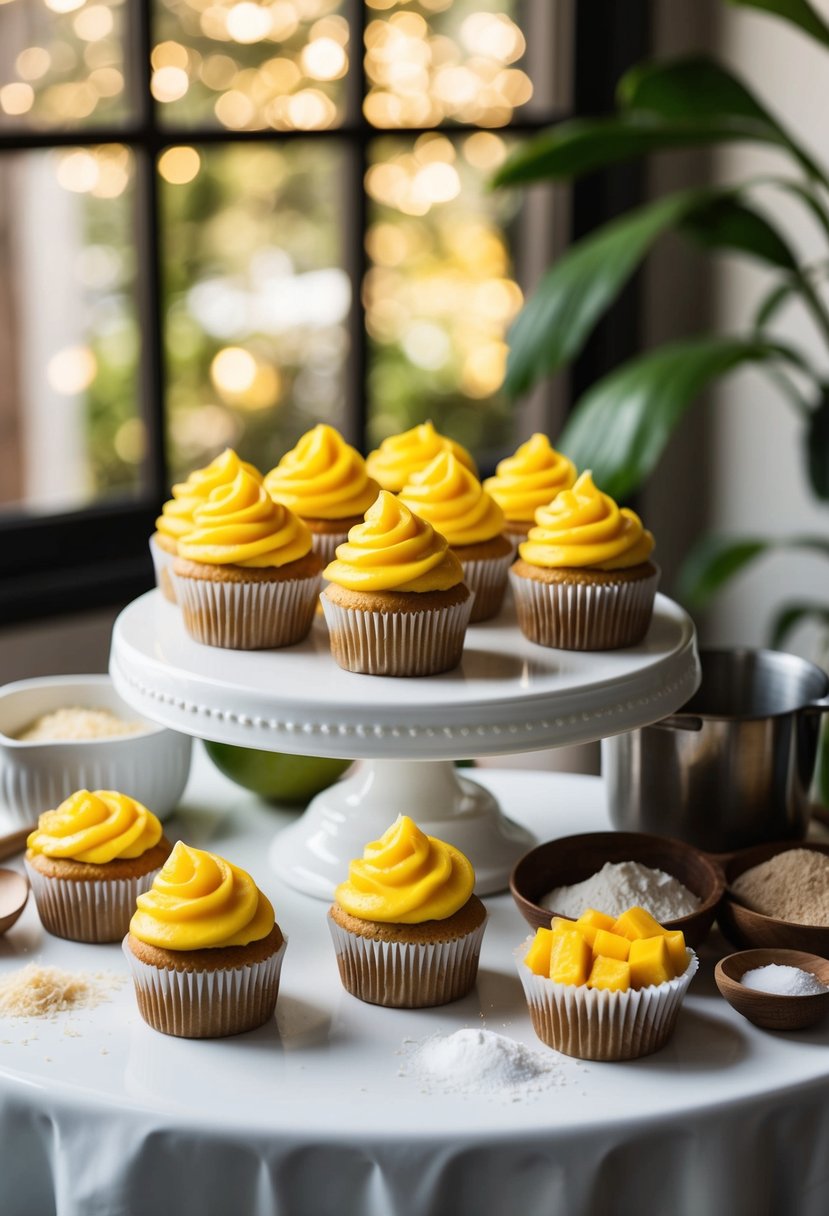 A table topped with a display of mango coconut cupcake cakes surrounded by ingredients and baking utensils