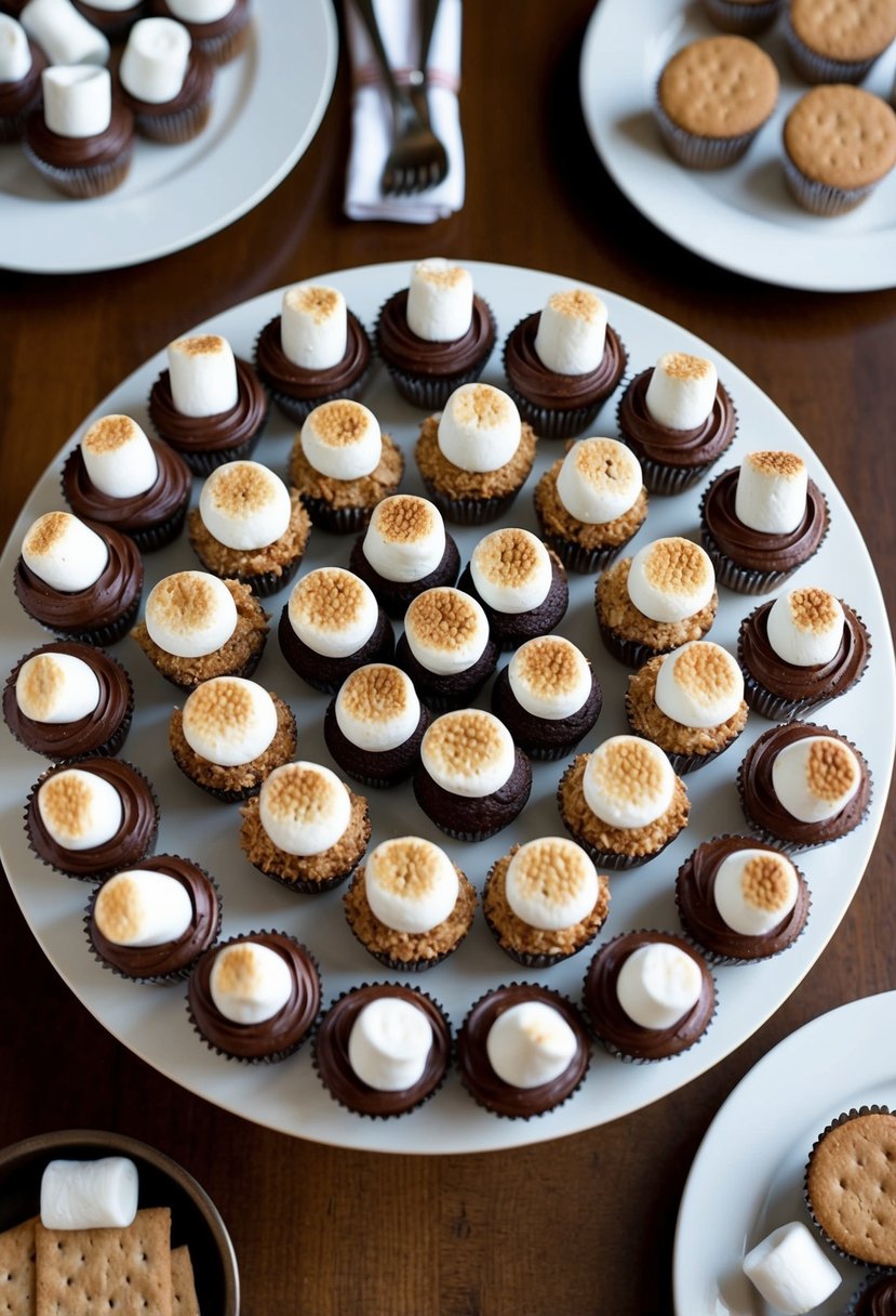 A table set with a variety of s'mores cupcakes arranged in a circular pattern, with graham cracker crumbs and toasted marshmallows on top