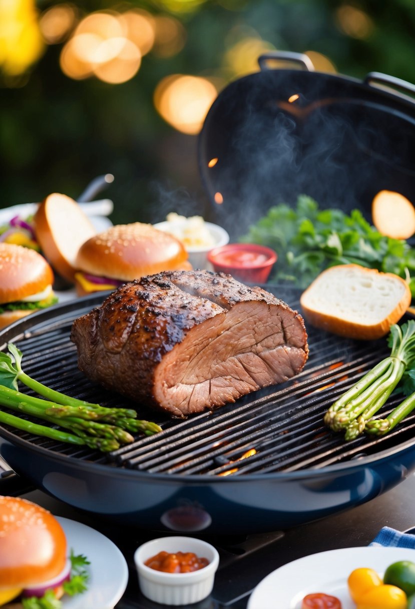 A sizzling beef roast on a grill, surrounded by buns, condiments, and fresh vegetables