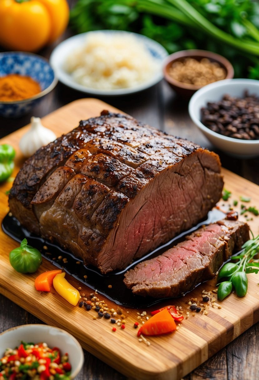 A sizzling beef roast surrounded by vibrant Asian ingredients and spices on a wooden cutting board