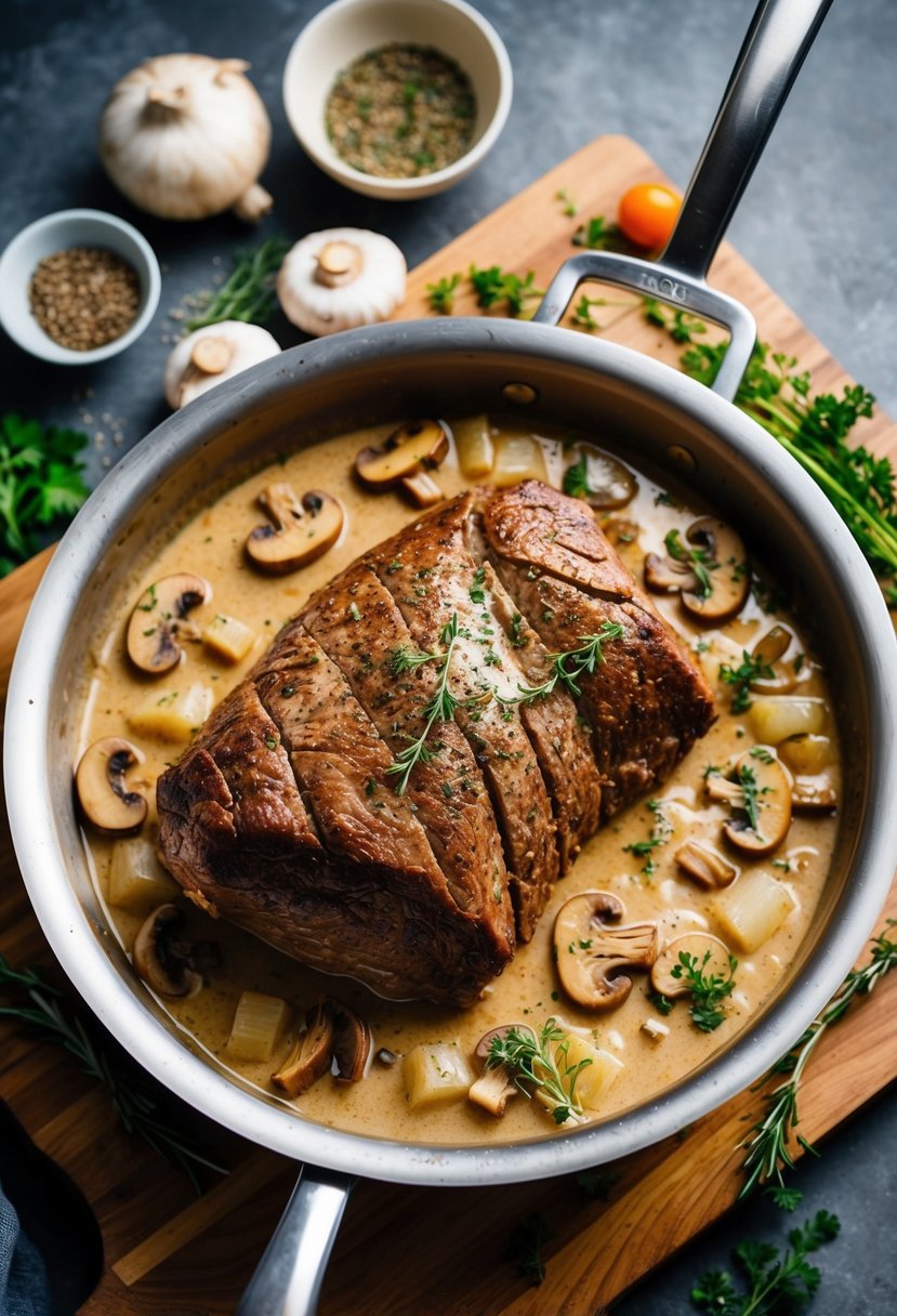 A sizzling beef roast simmers in a creamy sauce with mushrooms and onions, surrounded by a variety of herbs and spices on a wooden cutting board