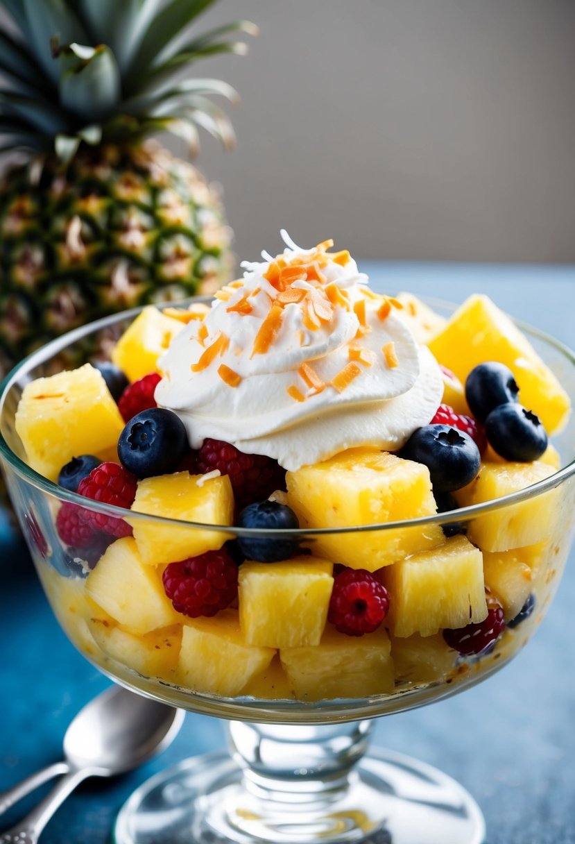 A bowl of pineapple chunks mixed with berries, topped with whipped cream and a sprinkle of coconut flakes, served on a glass dessert dish