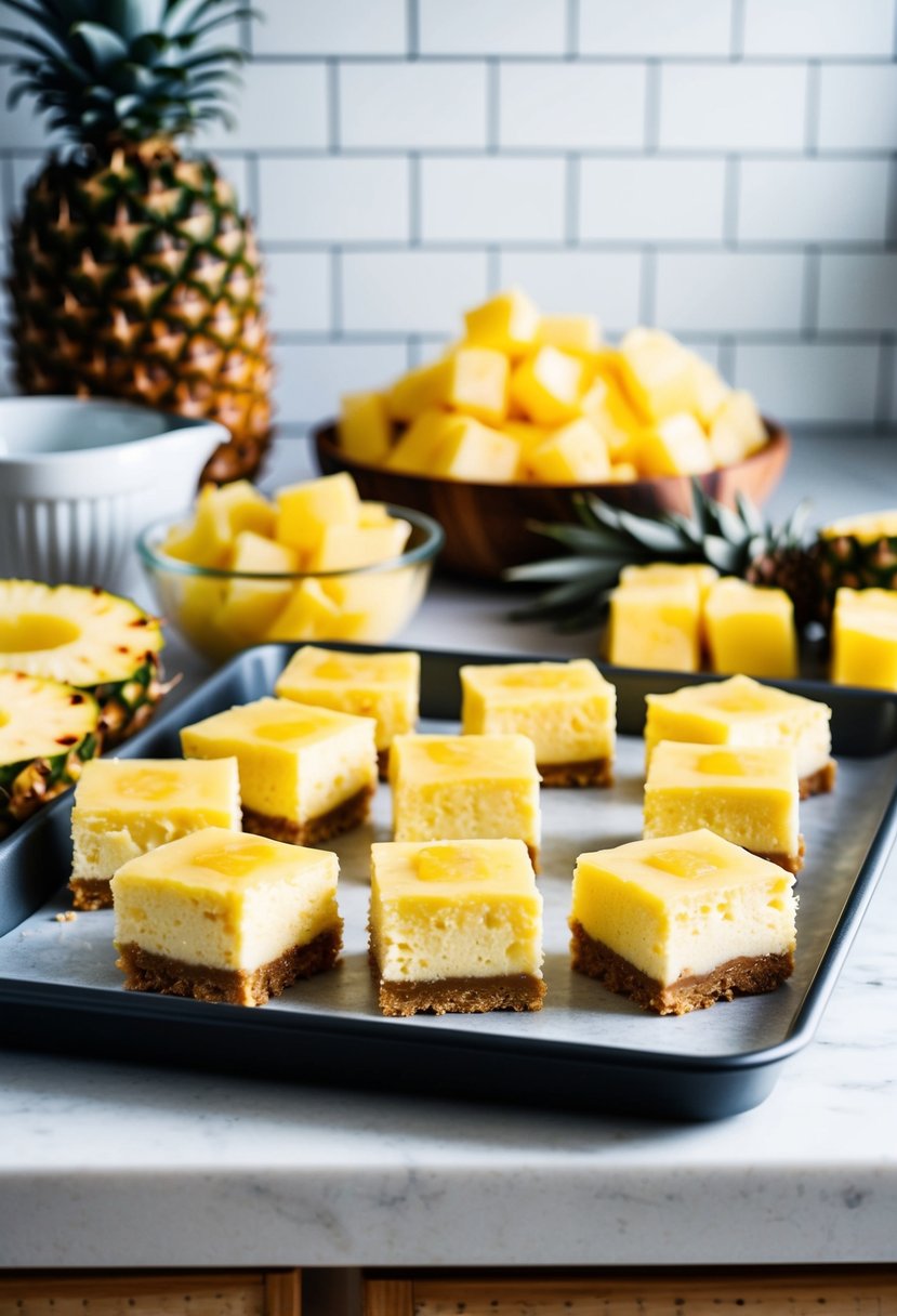 A kitchen counter with a tray of pineapple cheesecake squares surrounded by fresh pineapple chunks and dessert ingredients