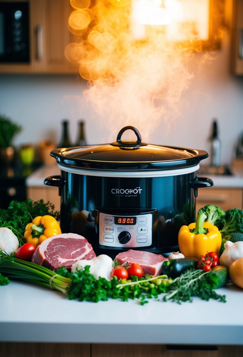 A crockpot sits on a kitchen counter surrounded by fresh vegetables, herbs, and various cuts of meat. The warm aroma of slow-cooked dinner fills the air