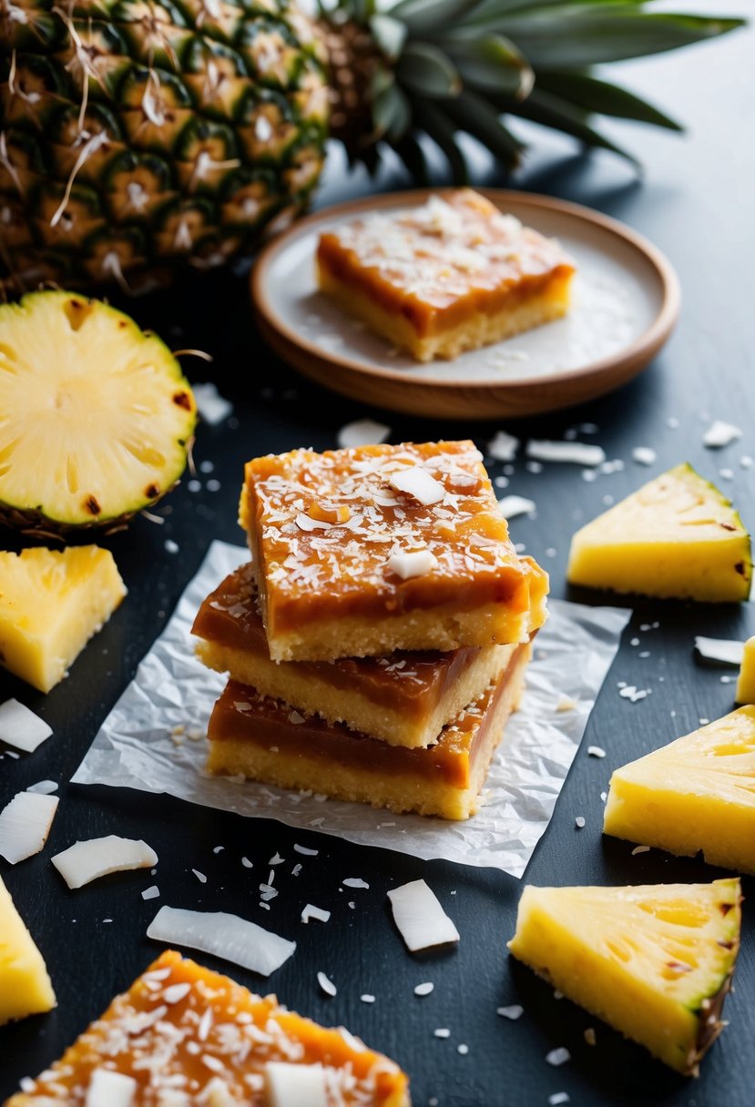 A table with caramel pineapple coconut bars, surrounded by fresh pineapple chunks and coconut flakes