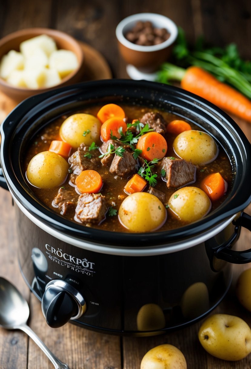 A bubbling crockpot filled with hearty beef stew, carrots, and potatoes, simmering all day