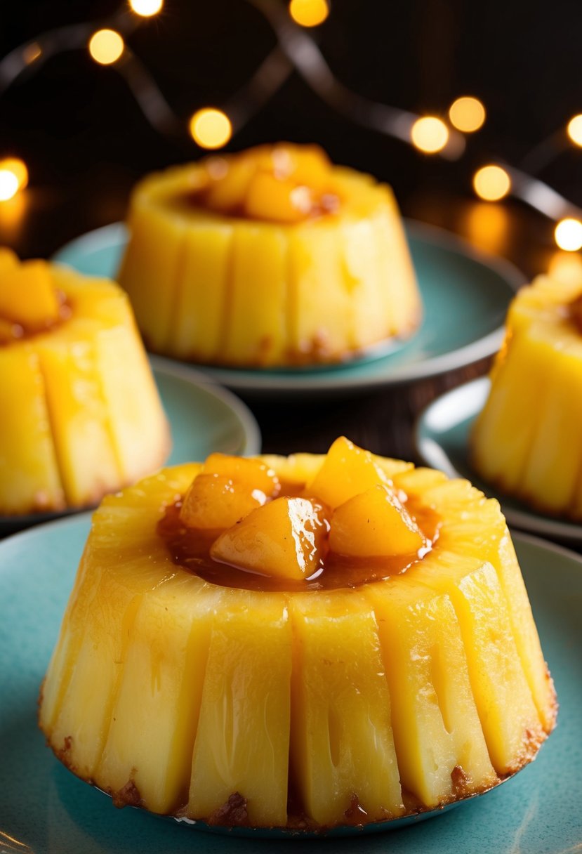 A golden-brown pineapple upside-down pudding topped with juicy pineapple chunks and caramelized sugar, surrounded by a warm, inviting glow