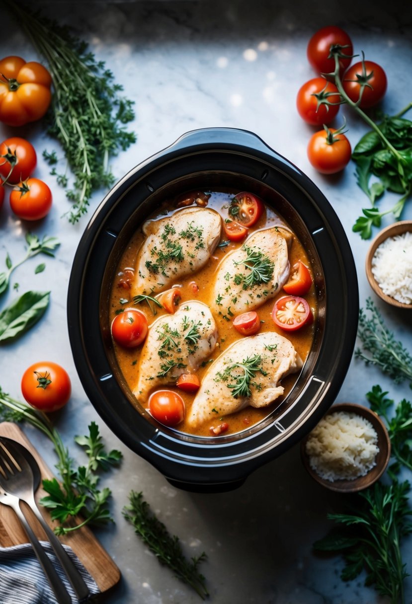 A slow cooker surrounded by fresh herbs, tomatoes, and chicken breasts simmering in a creamy Tuscan sauce