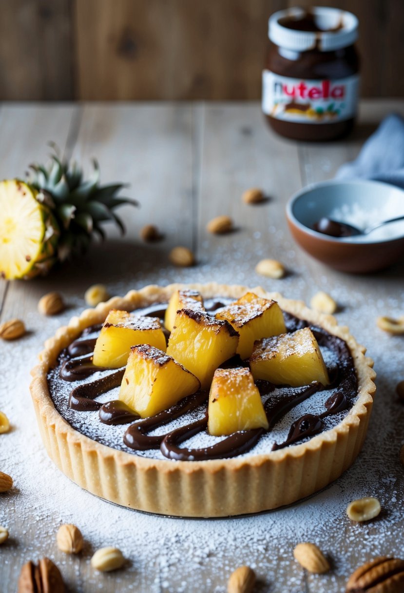 A golden-brown tart topped with roasted pineapple chunks and drizzled with Nutella, surrounded by scattered nuts and a dusting of powdered sugar