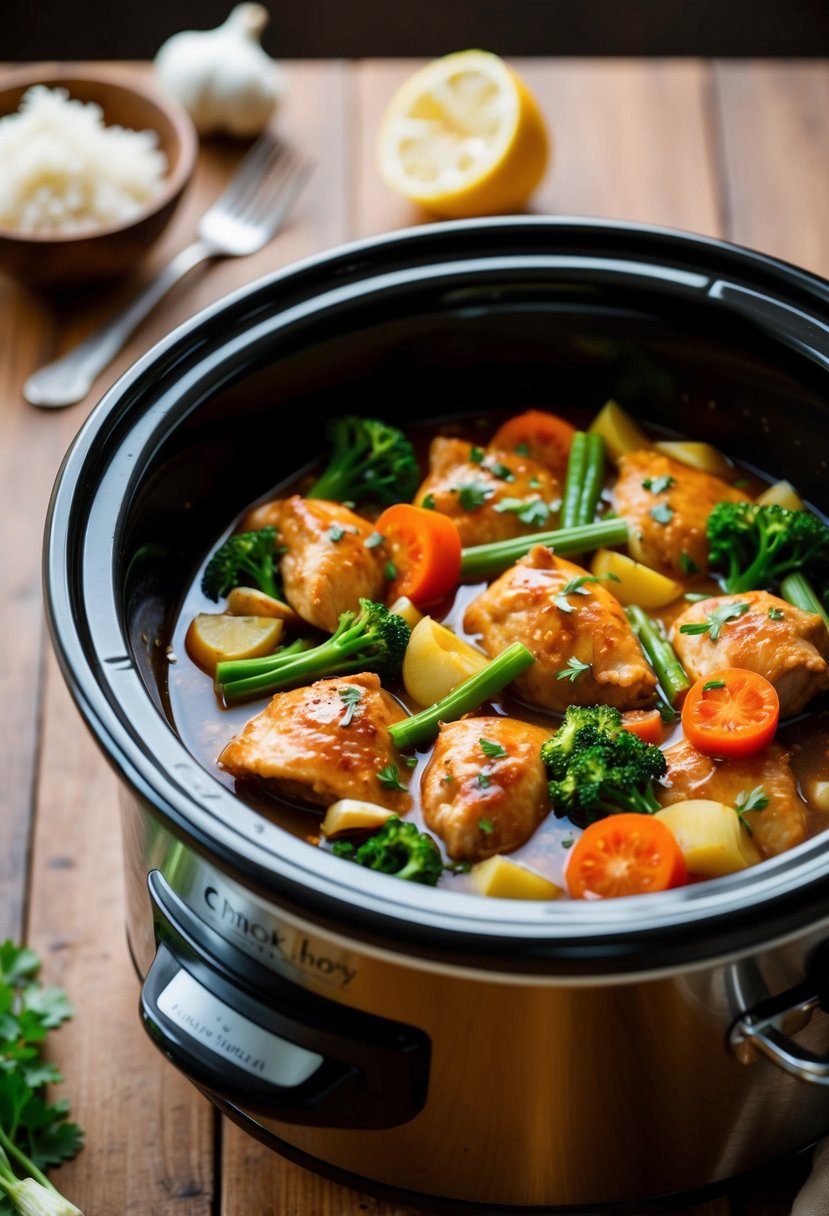 A crockpot filled with honey garlic chicken and assorted vegetables simmering together