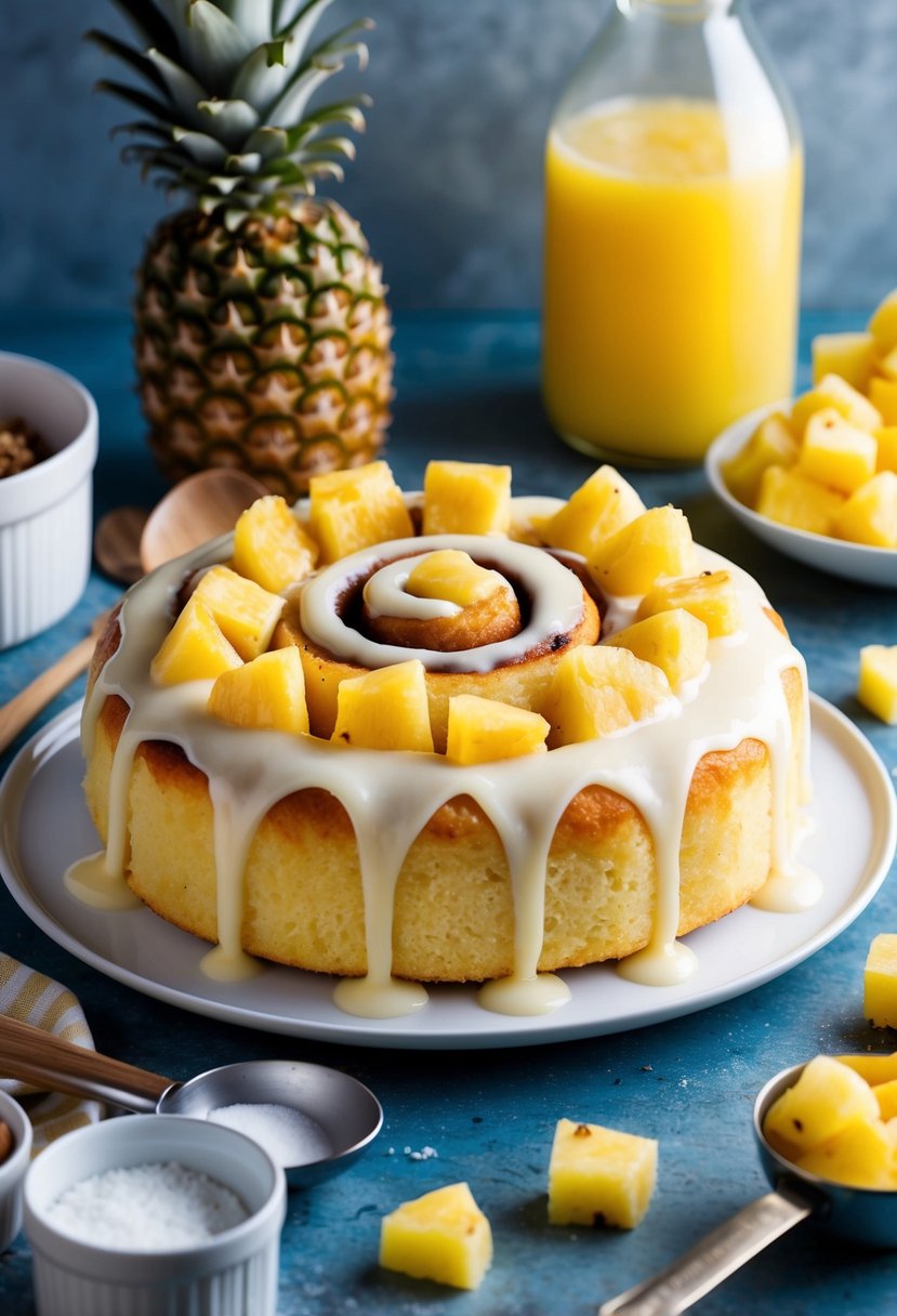 A pineapple cinnamon roll cake with chunks of pineapple scattered on top, surrounded by ingredients and kitchen utensils