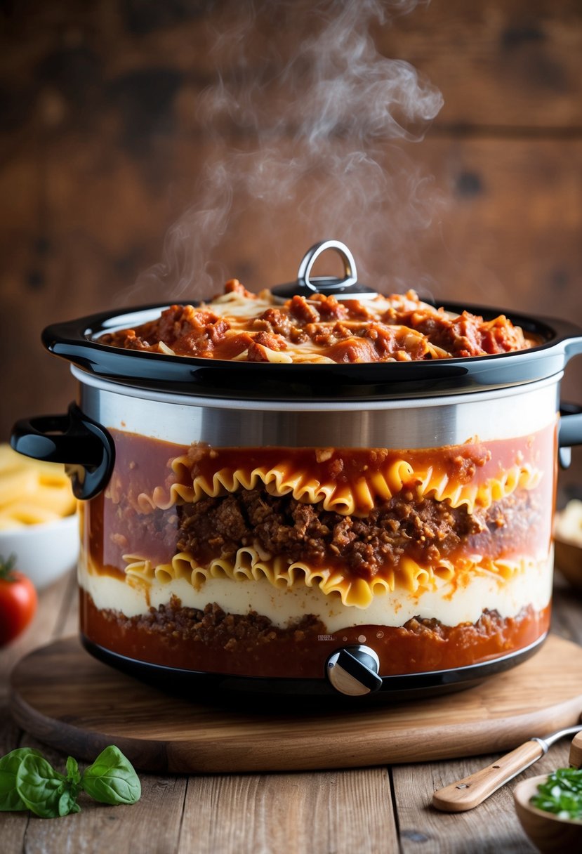 A slow cooker filled with layers of lasagna noodles, marinara sauce, cheese, and ground beef, simmering all day