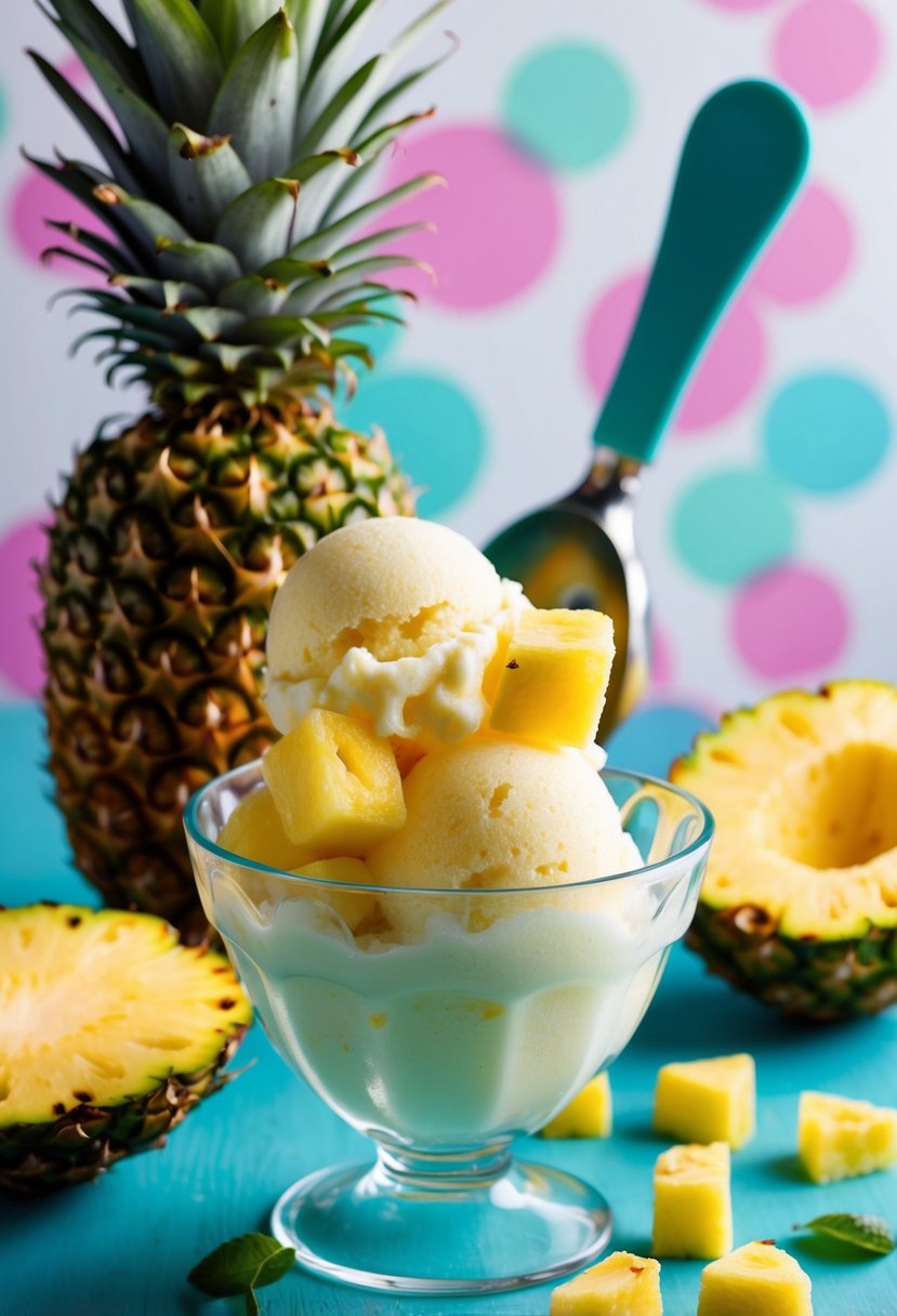 A vibrant tropical scene with ripe pineapple chunks blending into a refreshing sorbet