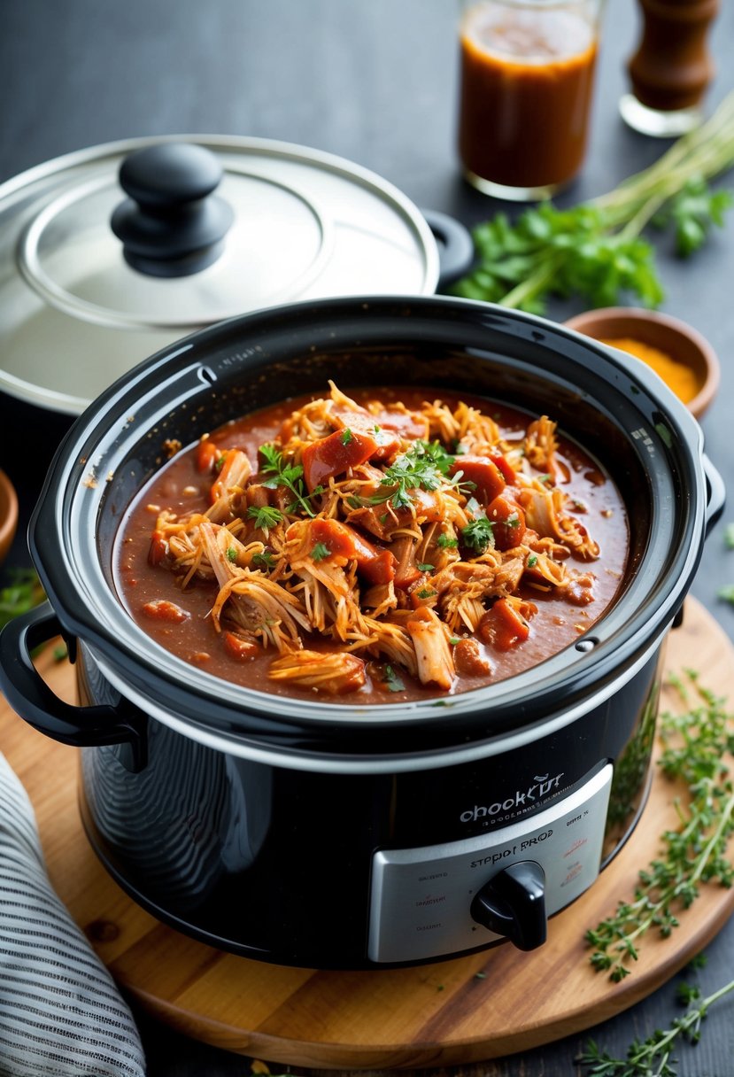 A crockpot simmering with tender pulled pork in rich, tangy BBQ sauce, surrounded by aromatic herbs and spices