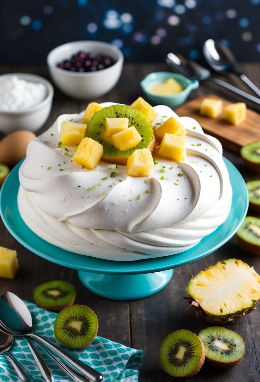 A colorful pavlova topped with pineapple chunks and kiwi slices, surrounded by recipe ingredients and dessert utensils