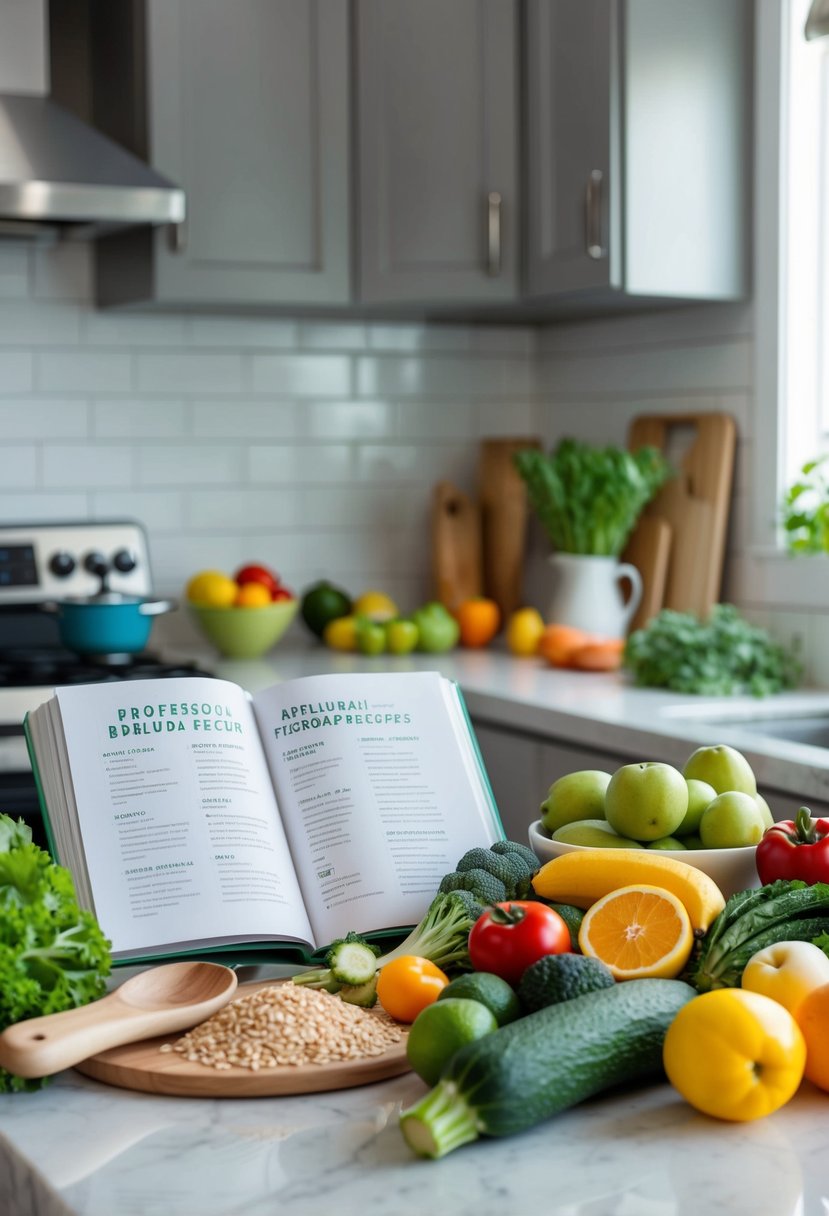 A kitchen counter with a variety of fresh fruits, vegetables, and whole grains, along with a cookbook open to a page of reflux-friendly recipes