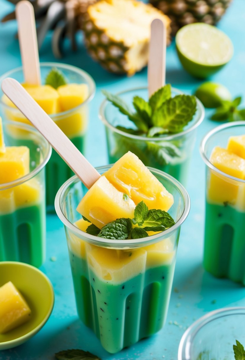 Fresh pineapple chunks being blended with mint and lime, then poured into popsicle molds