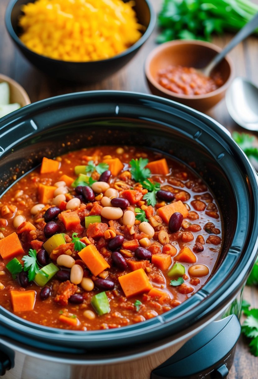 A crockpot filled with colorful vegetables and beans simmering in a rich, savory chili sauce