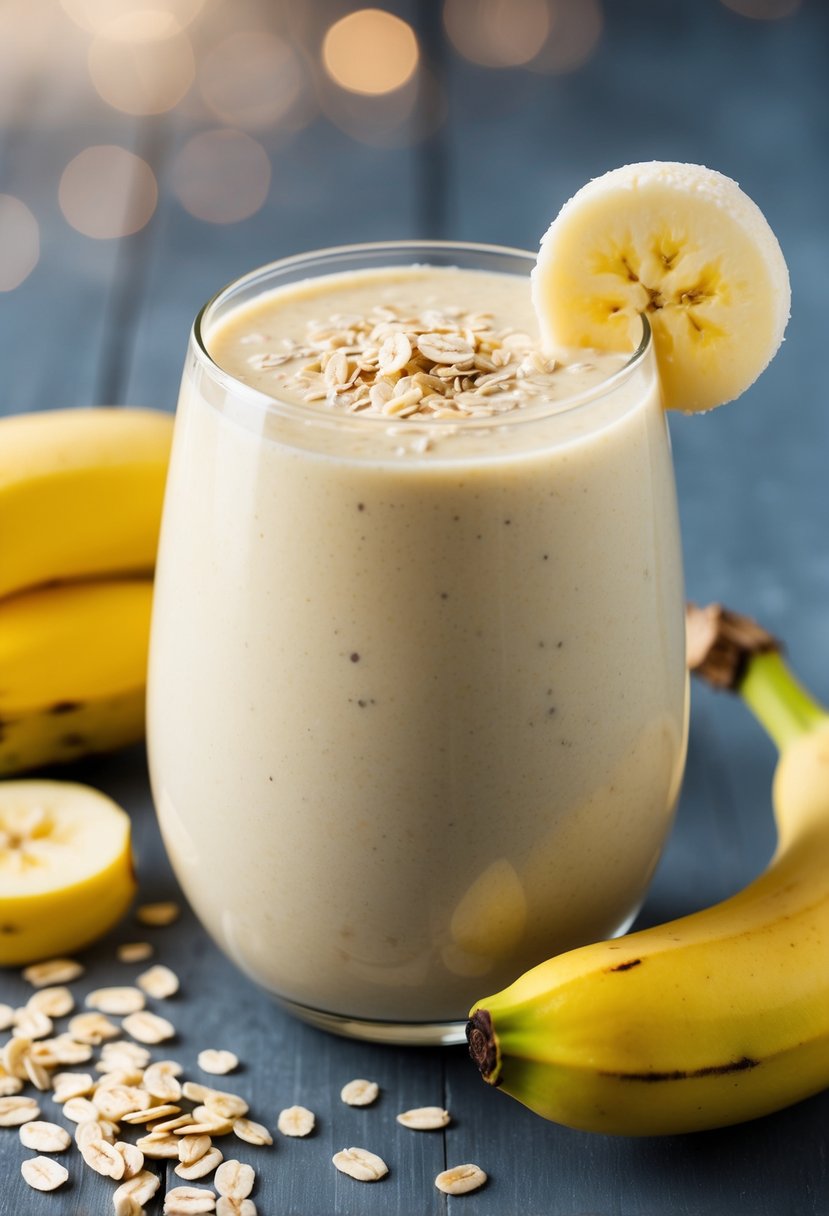 A glass filled with a creamy yellow banana and oatmeal smoothie, topped with a sprinkle of oats and a slice of fresh banana