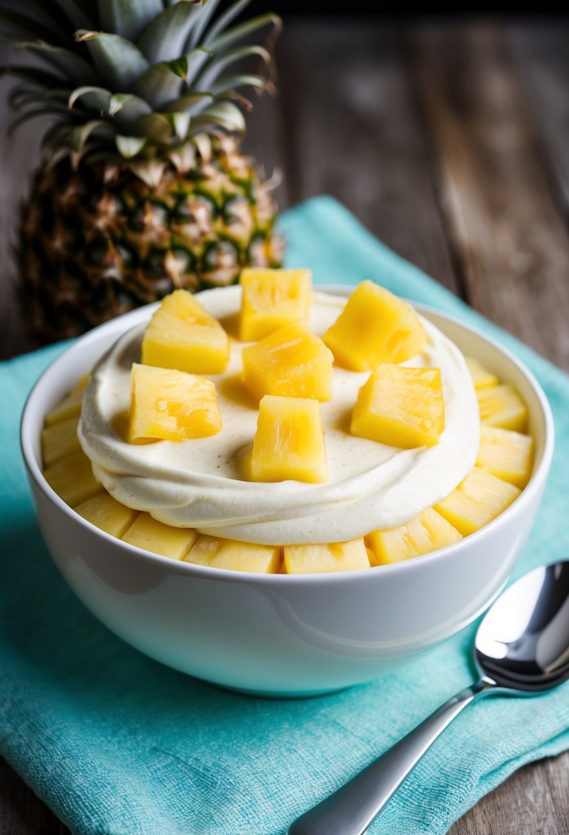 A bowl of creamy pineapple mousse topped with fresh pineapple chunks and served as a delicious dessert